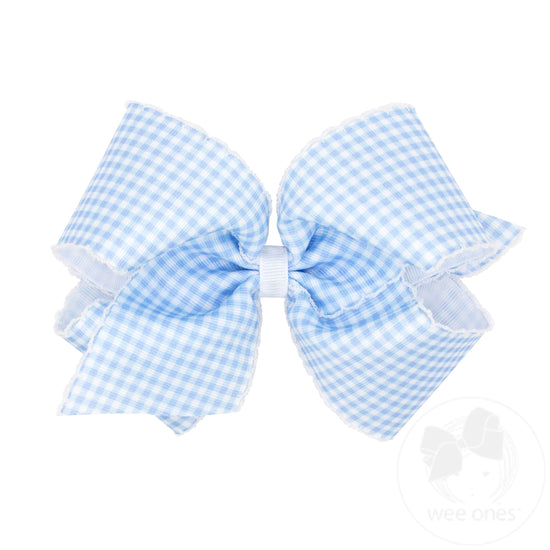Gingham-Printed Grosgrain Girls Hair Bow With Moonstitch Edge: Millennium Blue