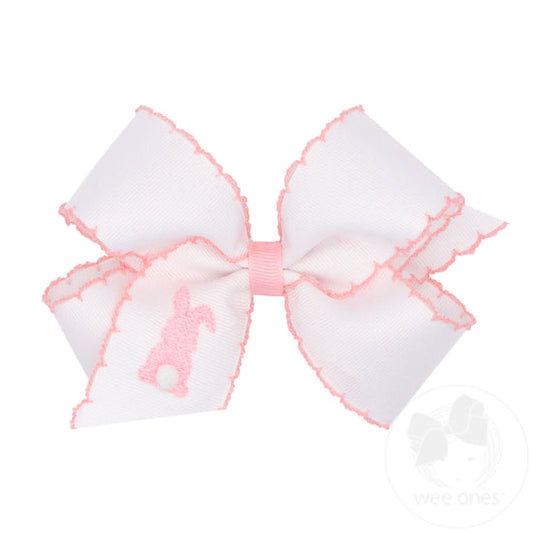 King White Grosgrain Girls Hair Bow with Moonstitch Edge and Easter Embroidery: Pink Bunny