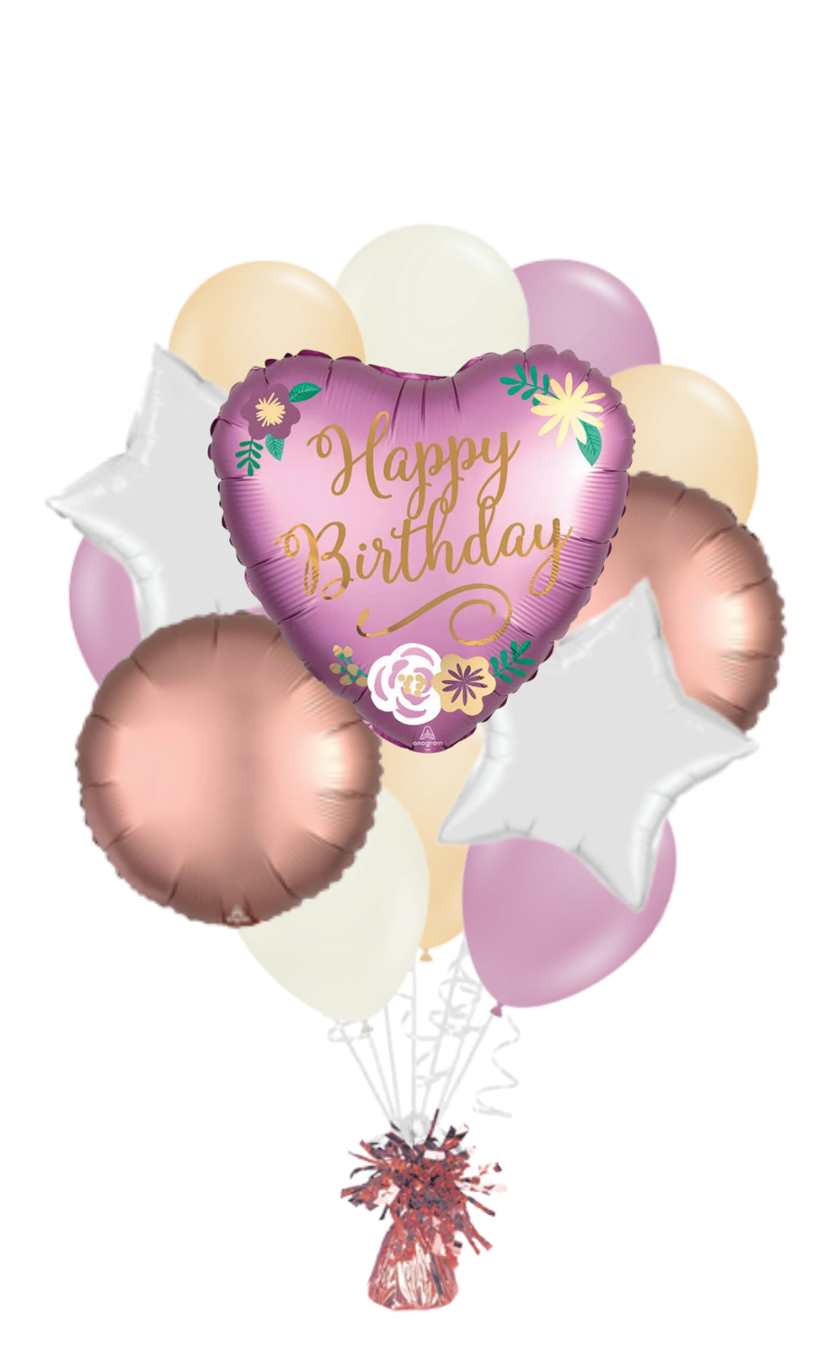Satin Flowers Heart Happy Birthday Balloon Bouquet