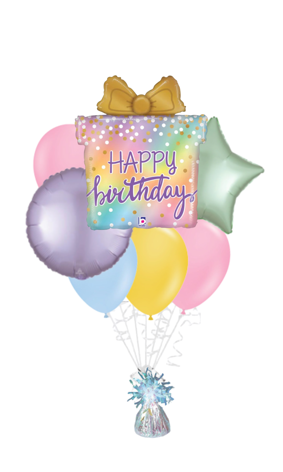 Holographic Present Happy Birthday Balloon Bouquet