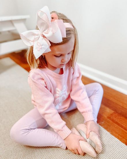 King Grosgrain Hair Bow with Pink Moonstitch Edge and Ballet Slippers Embroidery