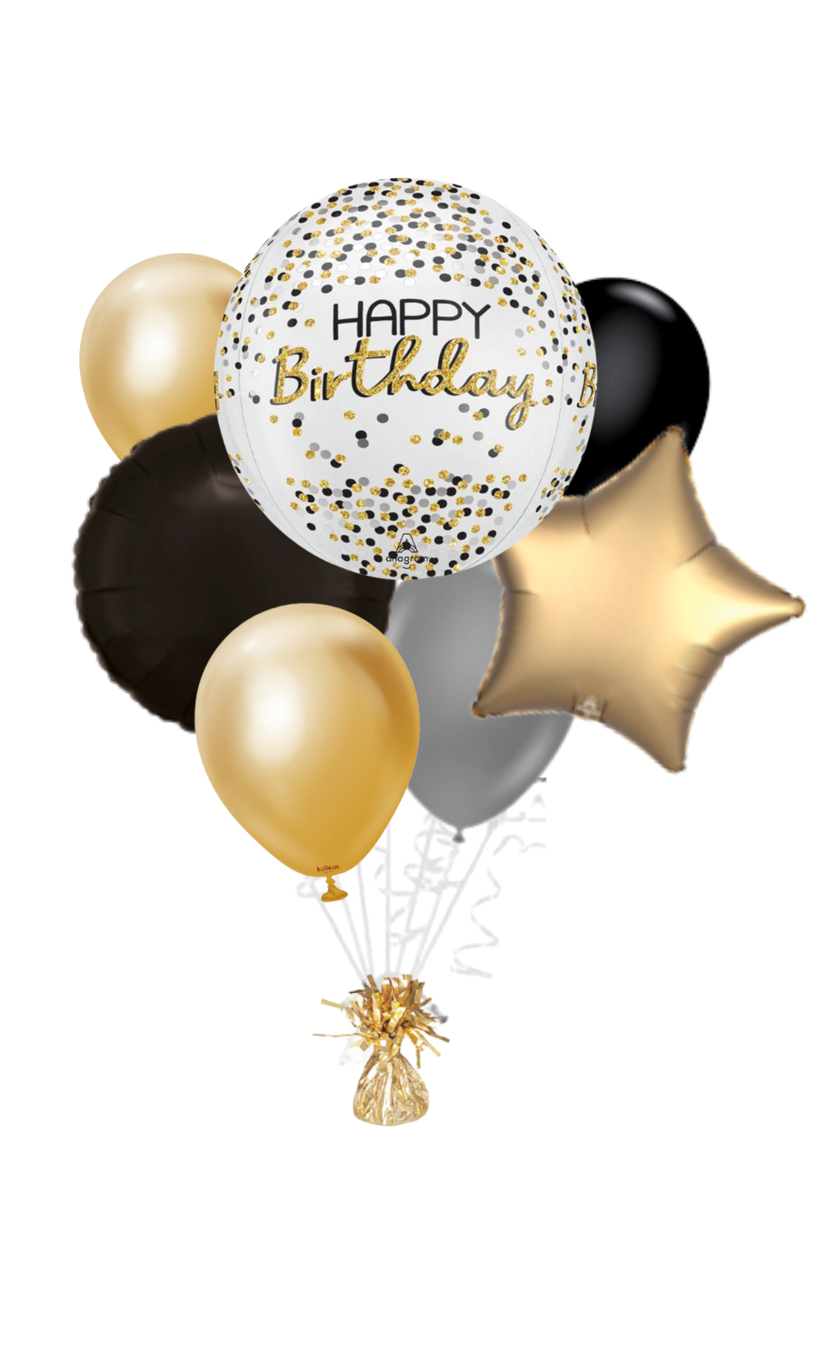 Silver, Black, And Gold Orbz Happy Birthday Balloon Bouquet