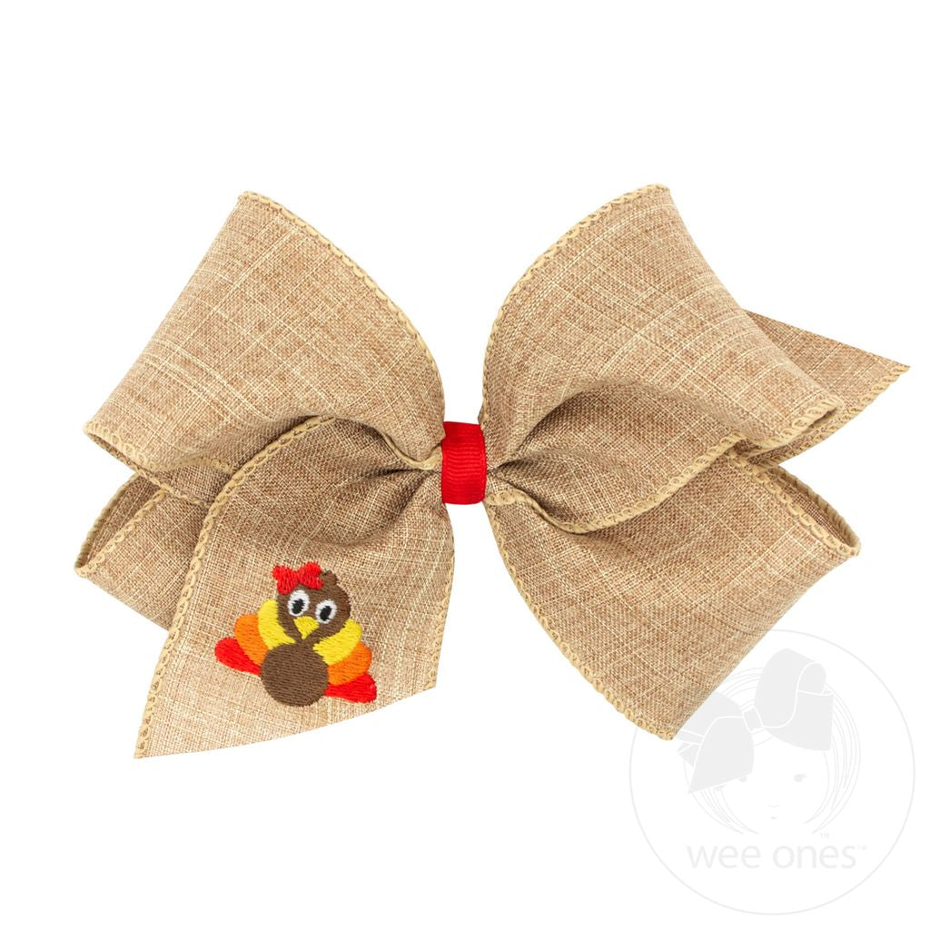 Linen Hair Bow with Turkey Embroidery