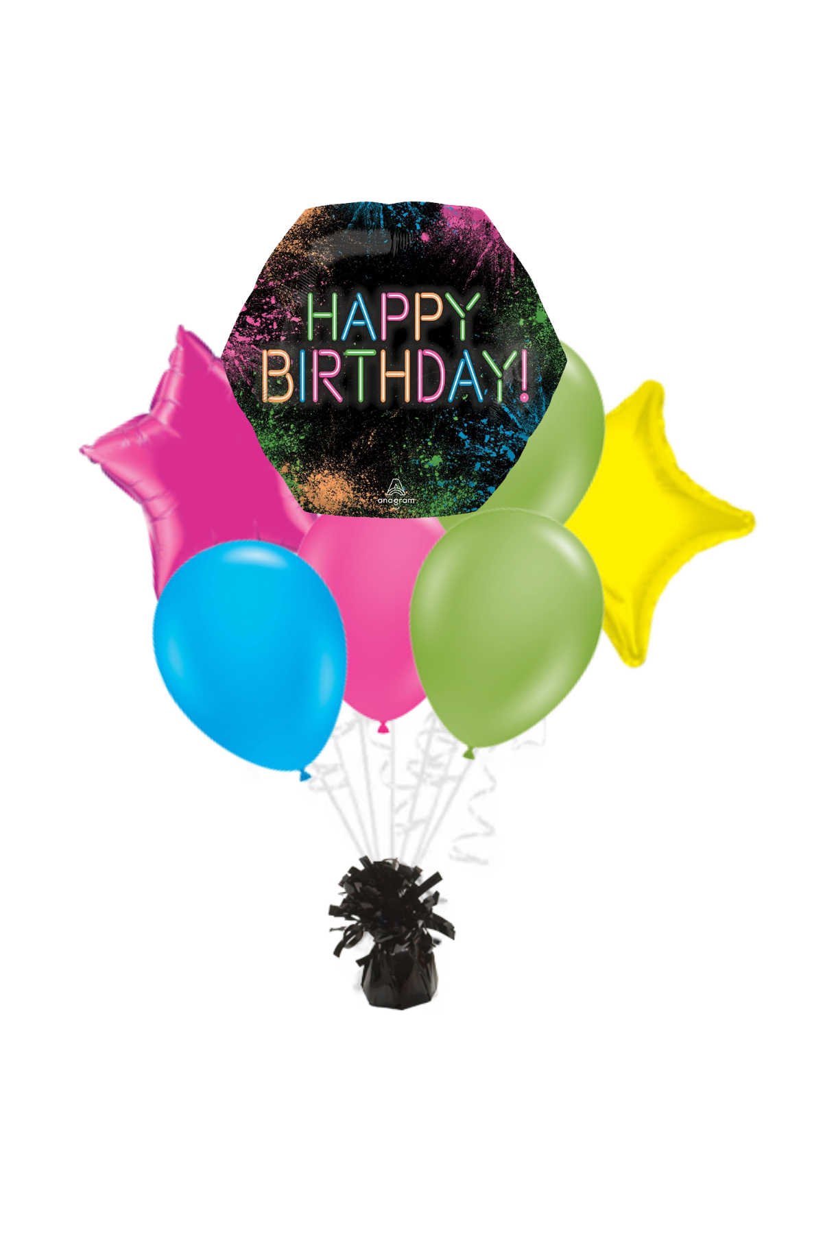 Let's Glow Crazy Hexagon Happy Birthday Balloon Bouquet