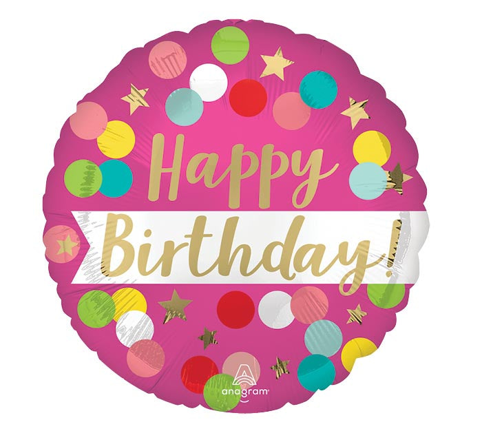Happy Birthday Satin Pink Confetti Balloon