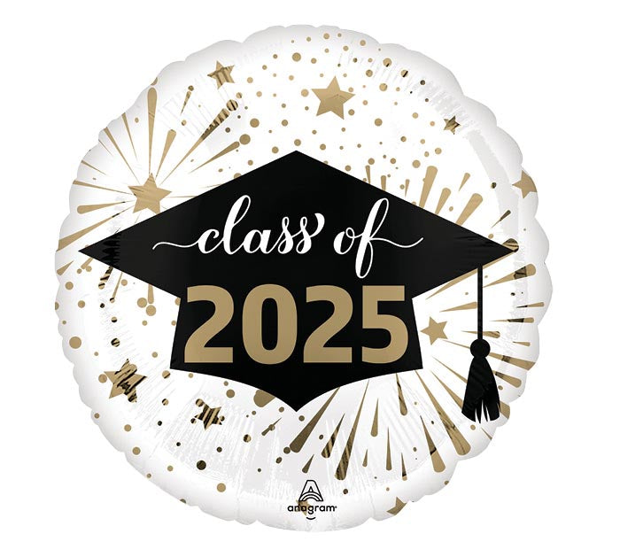 Grad Class of 2025 White and Gold Foil Balloon