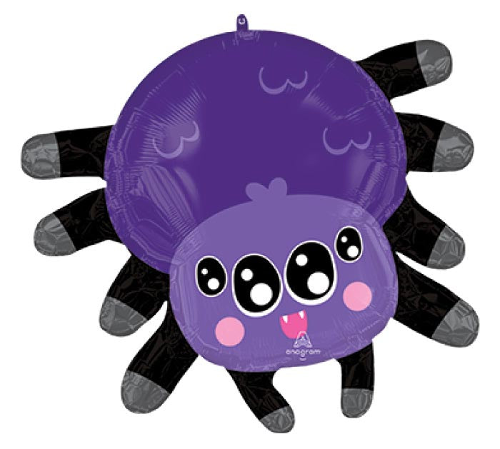 Purple spider-shaped balloon with black legs on a white background