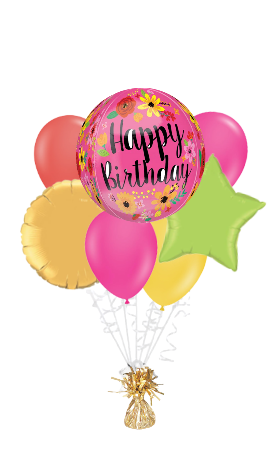 Pink Floral Orbz Happy Birthday Balloon Bouquet