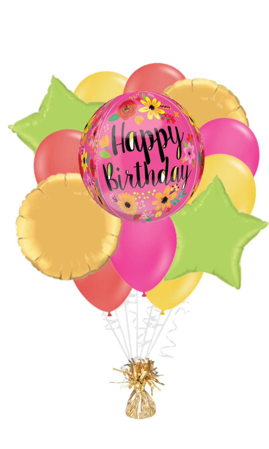 Pink Floral Orbz Happy Birthday Balloon Bouquet