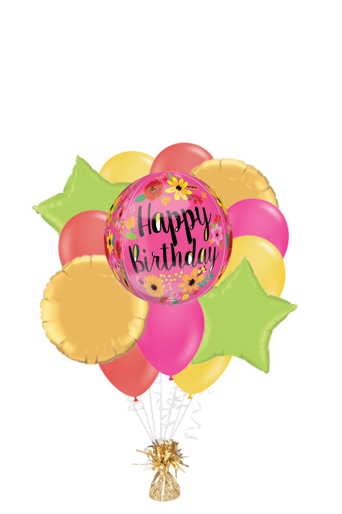 Pink Floral Orbz Happy Birthday Balloon Bouquet