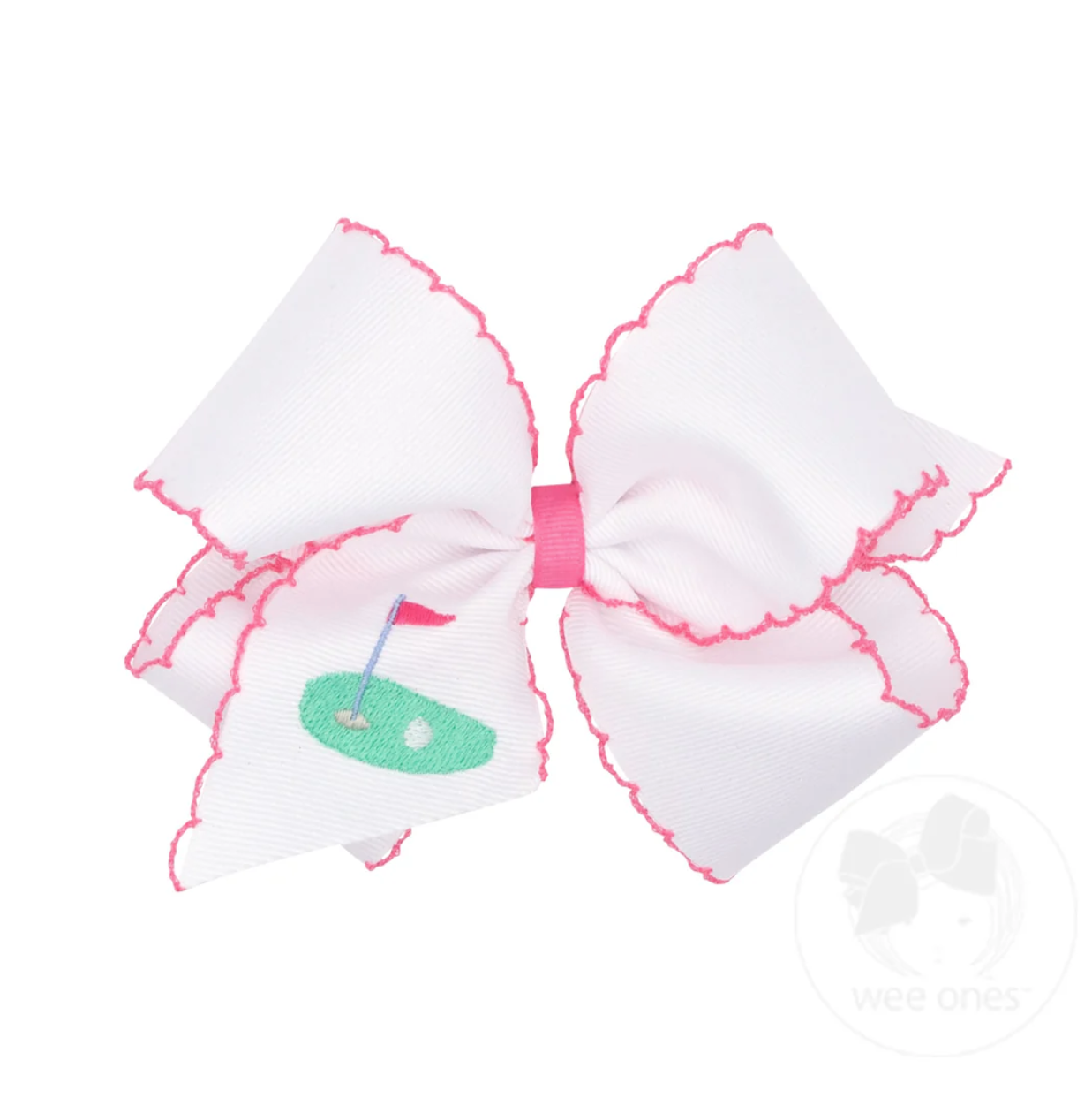 Grosgrain Hair Bow with Moonstitch Edge and Golf Green Embroidery