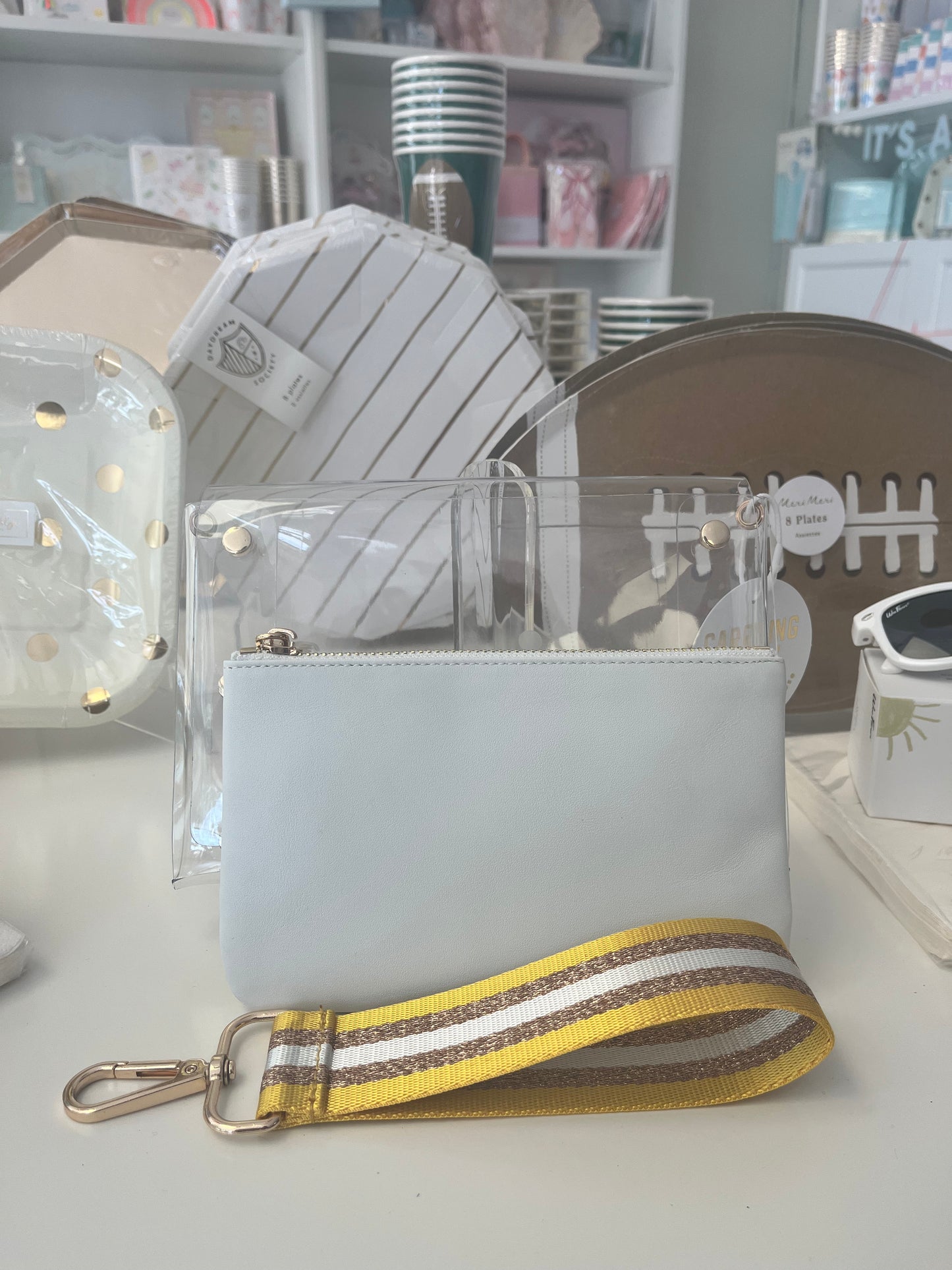 White and Gold Clear Wristlet