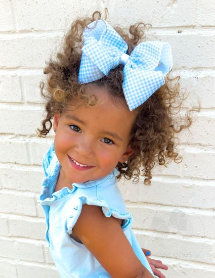 King Gingham-Printed Grosgrain Girls Hair Bow With Moonstitch Edge: Millennium Blue