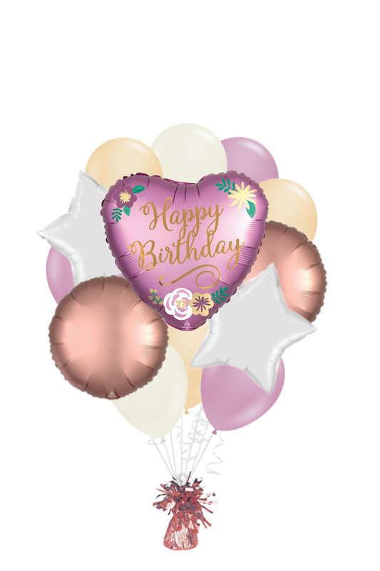 Satin Flowers Heart Happy Birthday Balloon Bouquet