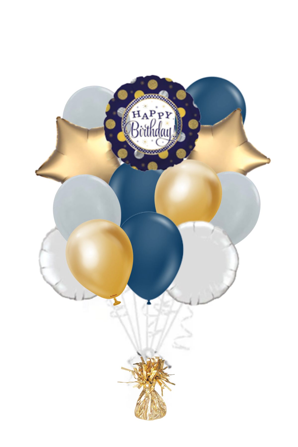 Navy with Gold & Silver Dots Happy Birthday Balloon Bouquet