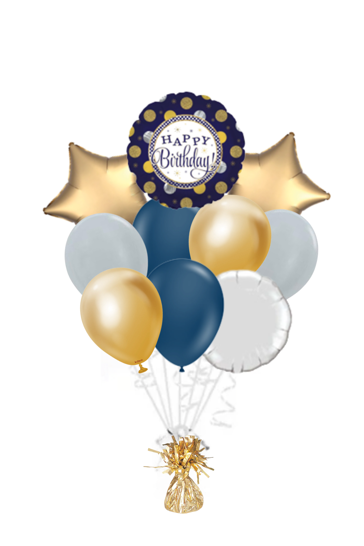 Navy with Gold & Silver Dots Happy Birthday Balloon Bouquet