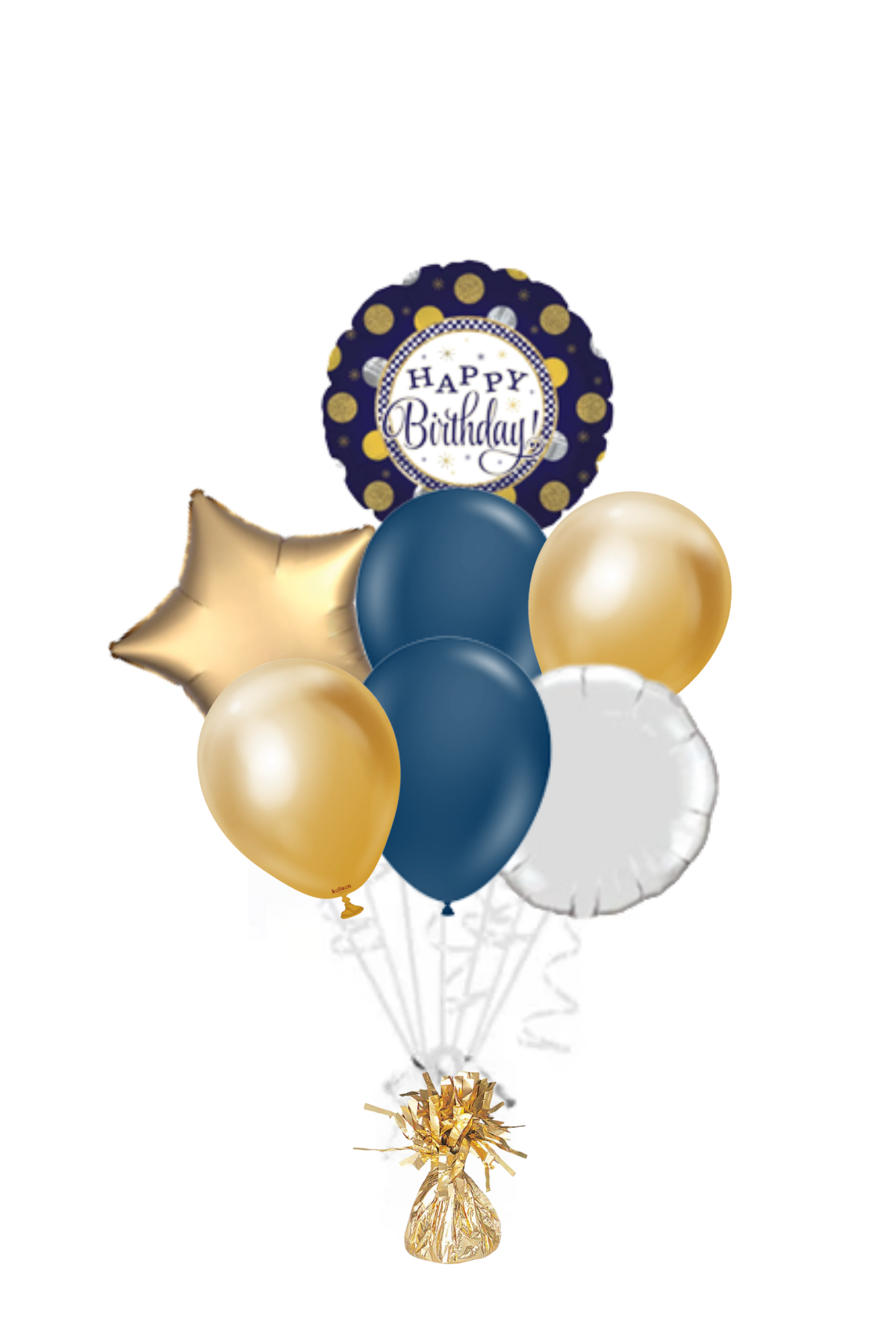 Navy with Gold & Silver Dots Happy Birthday Balloon Bouquet