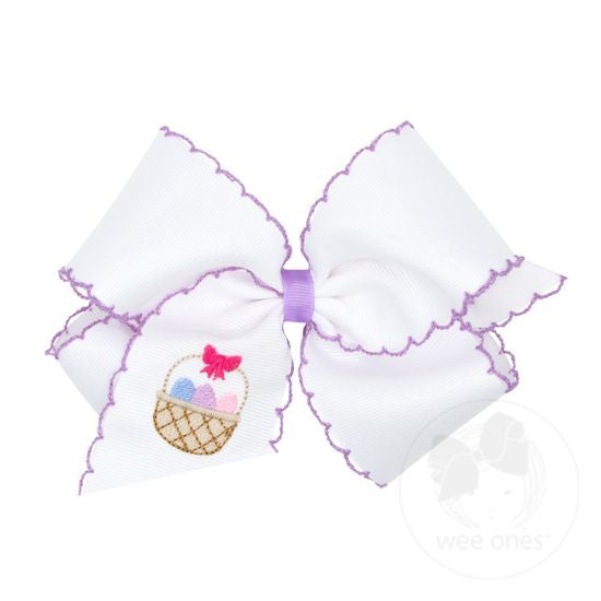 King White Grosgrain Bow with Moonstitch Edge and Easter-inspired Embroidery on Tail