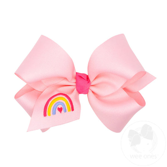 King Grosgrain Hair Bow with Trendy Rainbow Embroidery and Knot Wrap