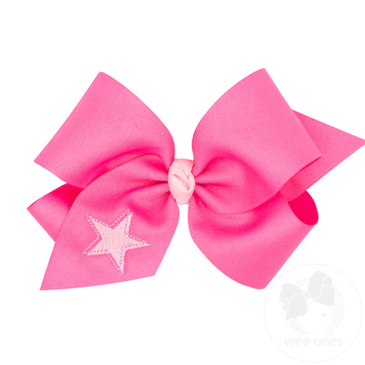 King Grosgrain Hair Bow with Trendy Star Embroidery and Knot Wrap
