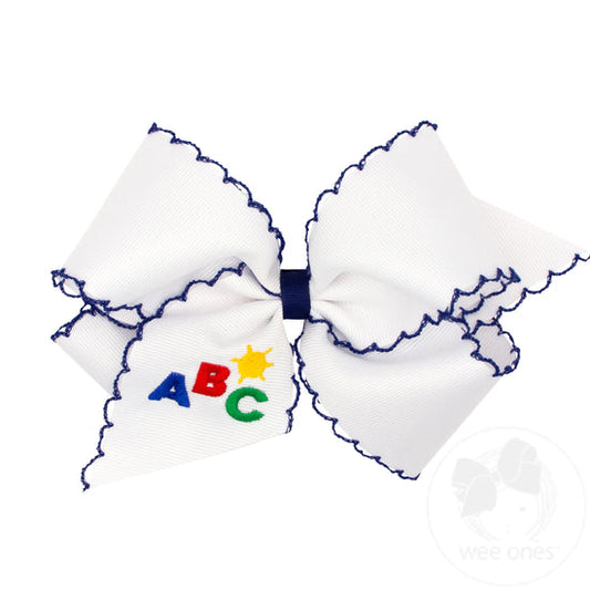 King Grosgrain Hair Bow with Navy Moonstitch Edge and ABC Embroidery