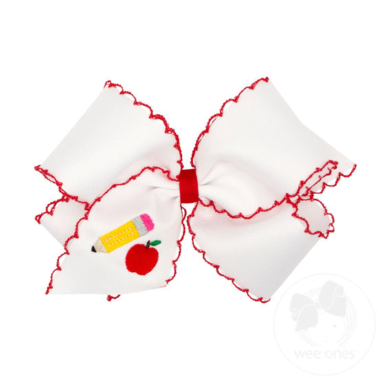 King Grosgrain Hair Bow with Red Moonstitch Edge and Pencil Embroidery