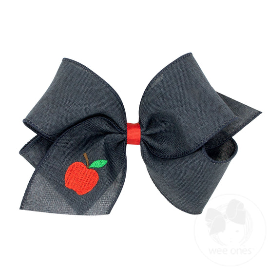 King Linen Hair Bow with Apple Embroidery