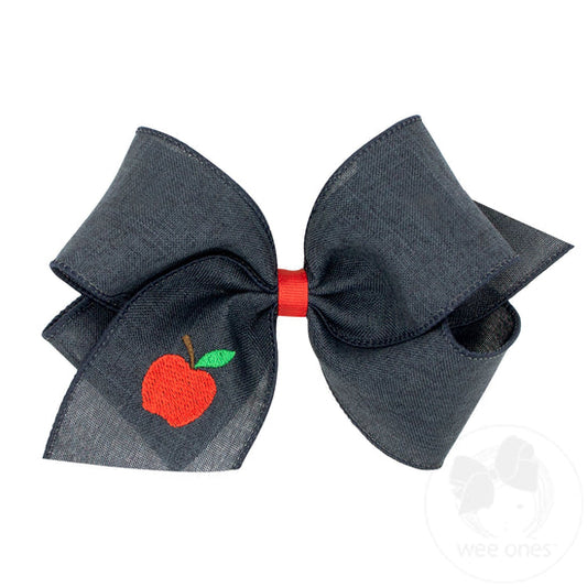 King Linen Hair Bow with Apple Embroidery