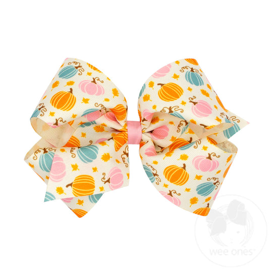 Harvest-themed Multicolored Pumpkin Printed Grosgrain Hair Bow