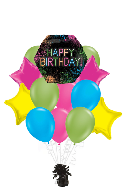 Let's Glow Crazy Hexagon Happy Birthday Balloon Bouquet