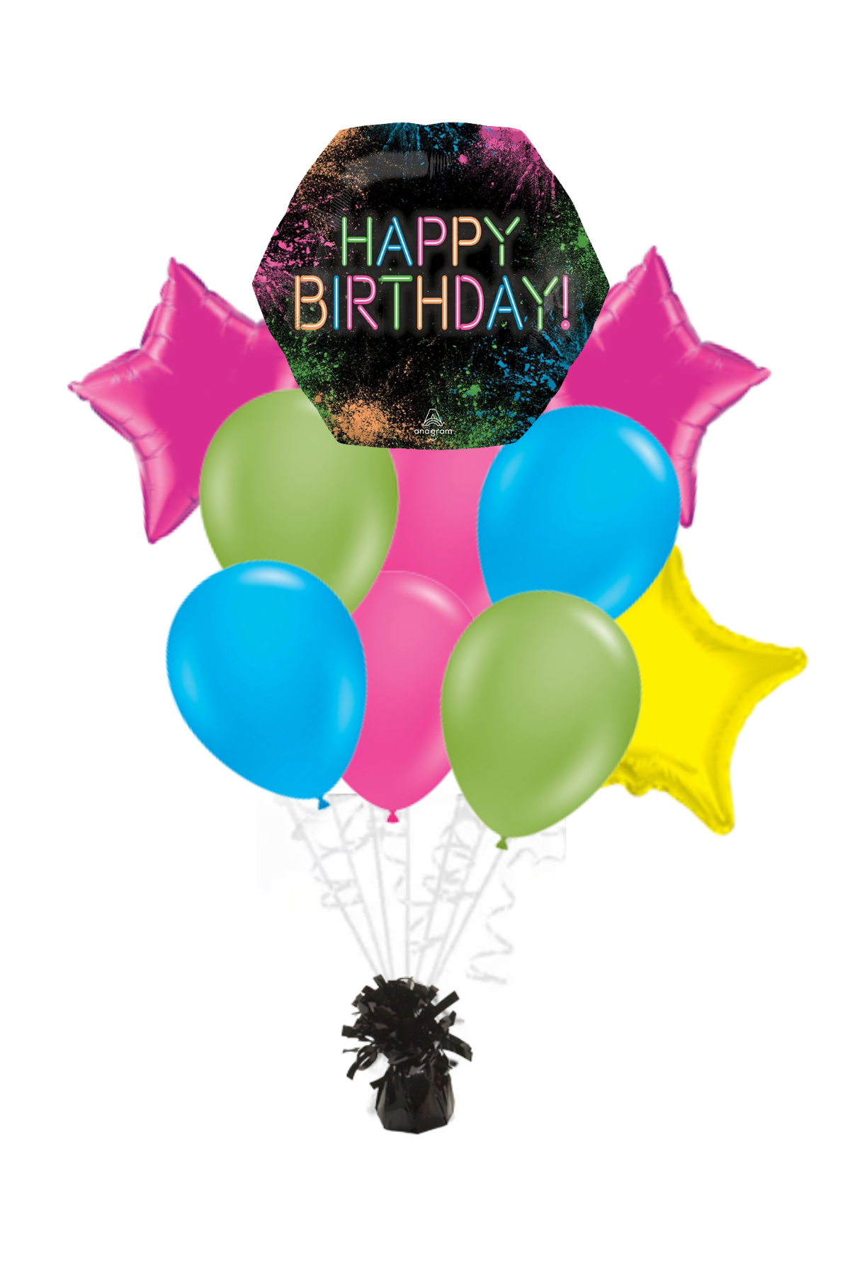 Let's Glow Crazy Hexagon Happy Birthday Balloon Bouquet