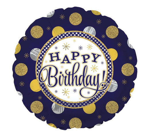 Navy with Gold & Silver Dots Happy Birthday Foil Balloon