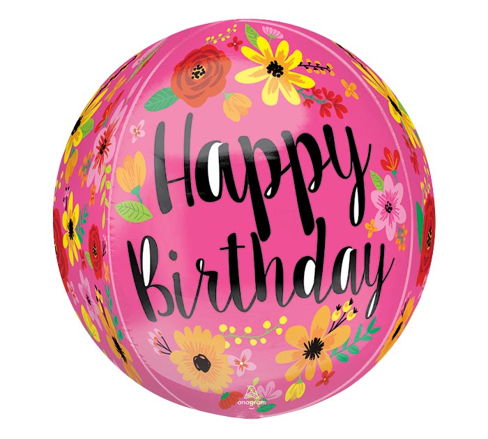 Happy Birthday Pink Floral Orbz Balloon