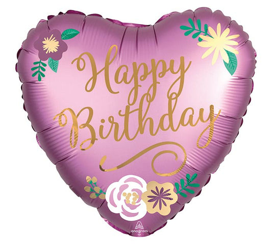 Happy Birthday Satin Flowers Heart Balloon