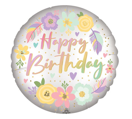 Boho Satin Flowers Happy Birthday Foil Balloon