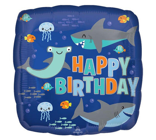Shark Square Happy Birthday Foil Balloon