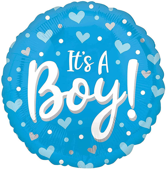It's a Boy Blue Hearts and Dots Foil Balloon