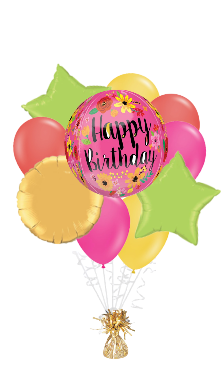 Pink Floral Orbz Happy Birthday Balloon Bouquet