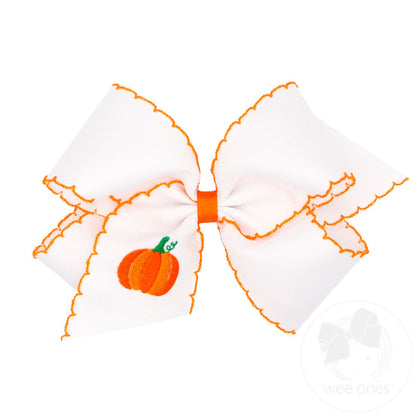 Grosgrain Hair Bow with Moonstitch Edges and Pumpkin Embroidery