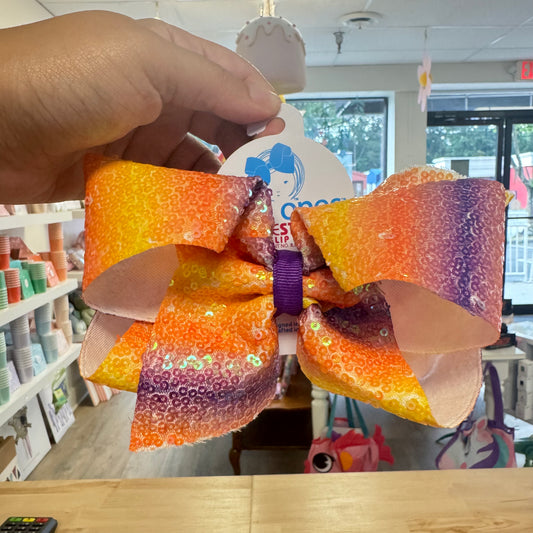 Orange And Purple Ombre Printed Sequin Hair Bow