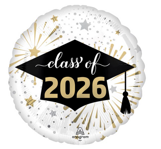 Grad Class of 2026 White and Gold Foil Balloon
