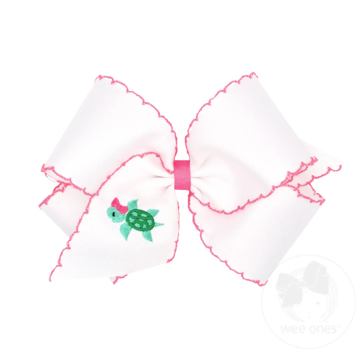 Grosgrain Hair Bow with Moonstitch Edge and Turtle Embroidery
