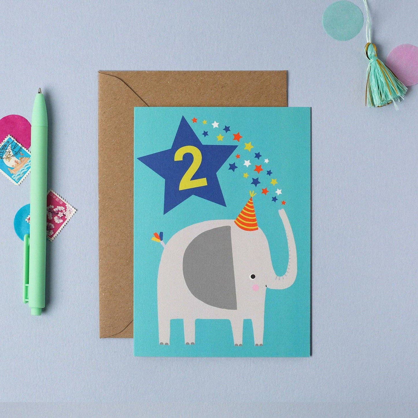 Bright Blue Elephant Toddler 2nd Birthday Card