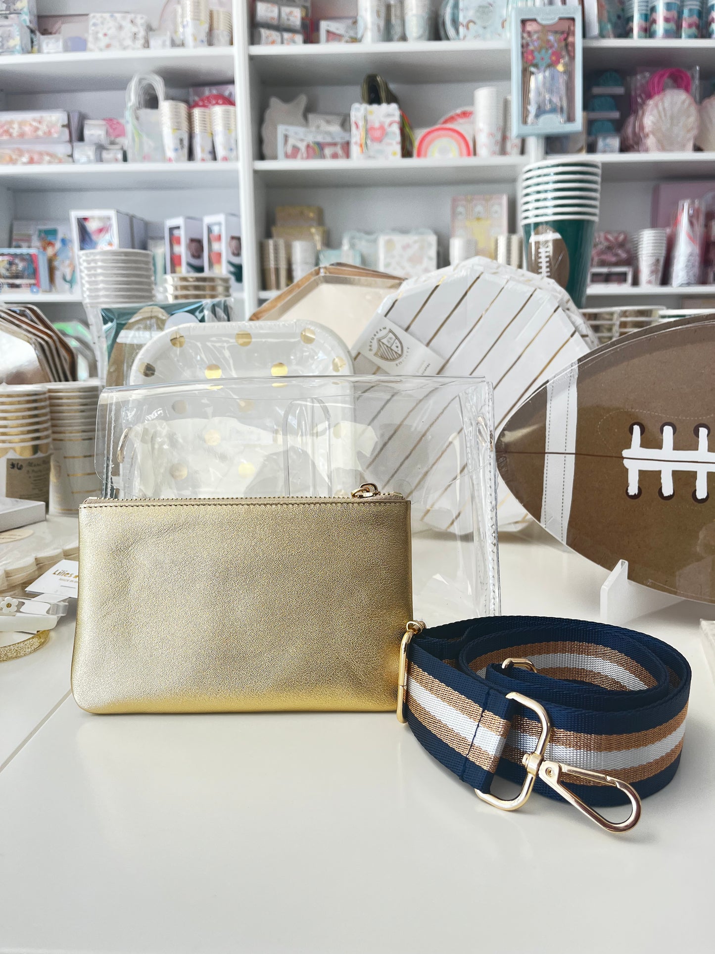 White, Gold, and Navy Clear Crossbody Purse