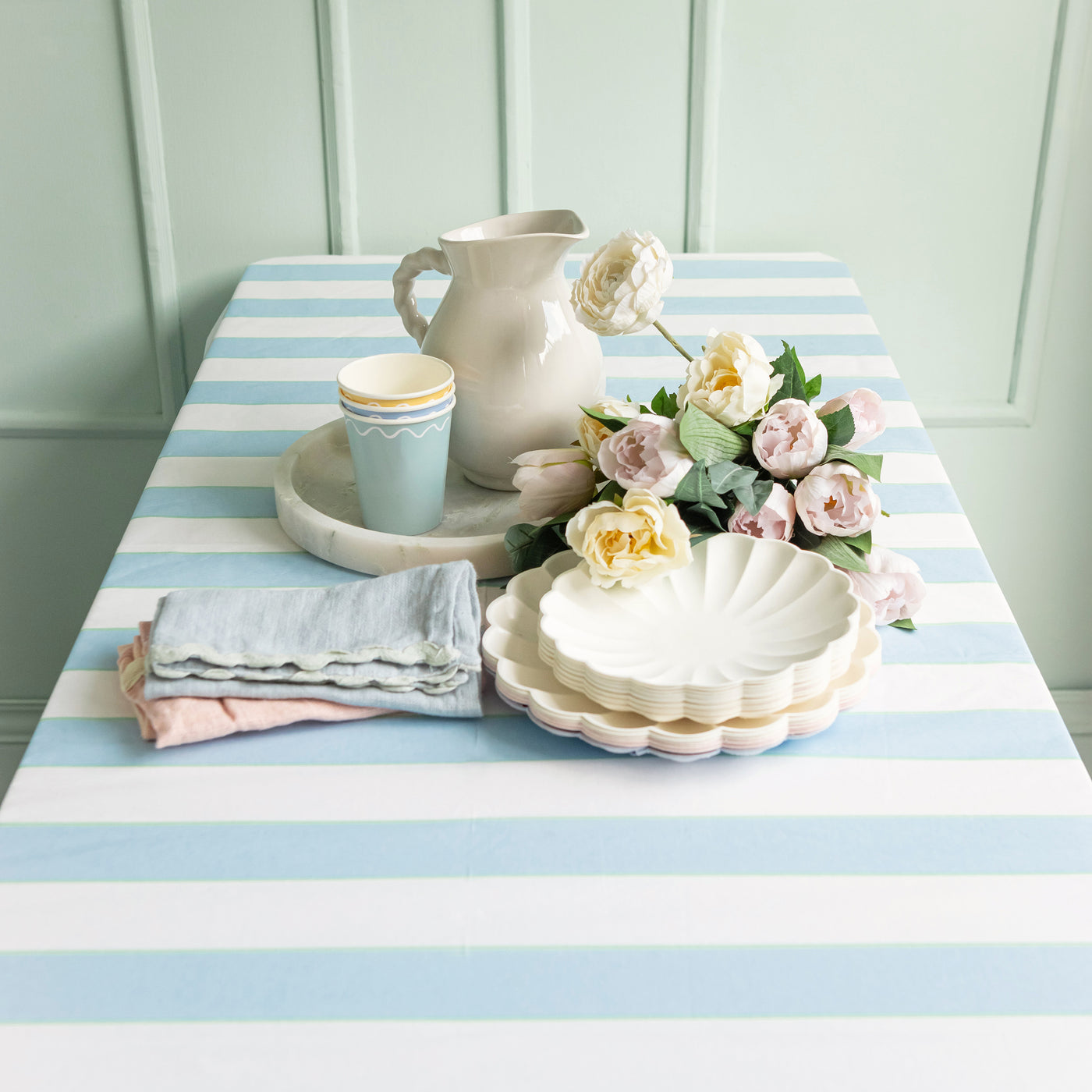 Pale Blue Striped Tablecloth