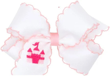 King Grosgrain Hair Bow with Pink Moonstitch Edge and Princess Castle Embroidery